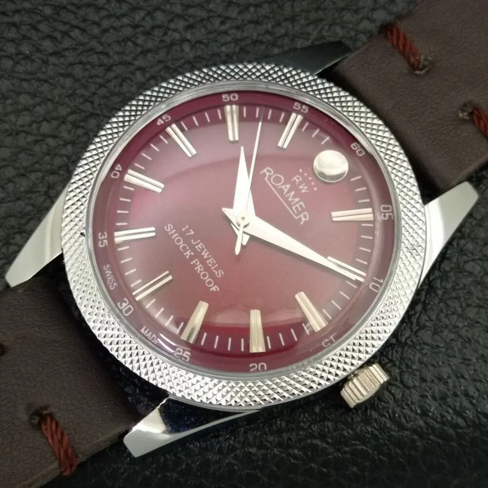 Vintage 1975 Roamer Manual Mens Silver Watch W/Leather Strap & Red accents